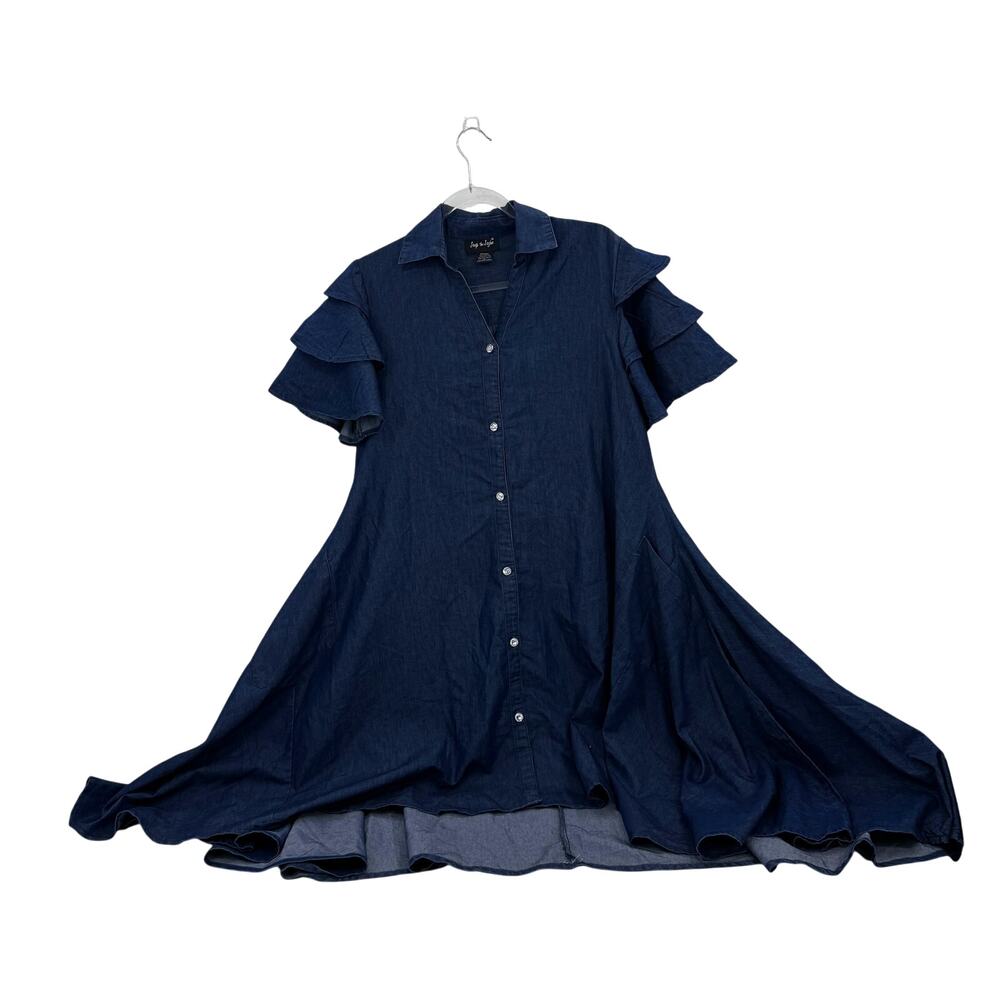 STEP IN STYLE Tunic Shirt Dress Size M Chambray Rhinestone Ruffle Swing Rustic - Picture 4 of 8